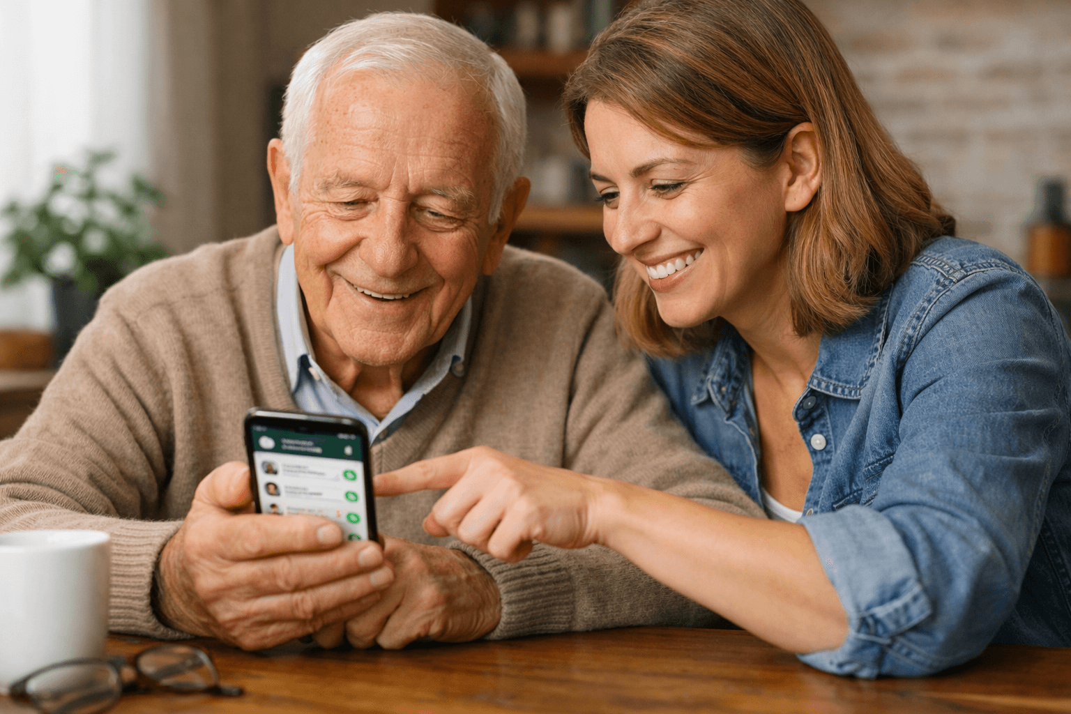 Anziano che usa un telefono per anziani con WhatsApp mentre la figlia lo aiuta a capire le funzioni