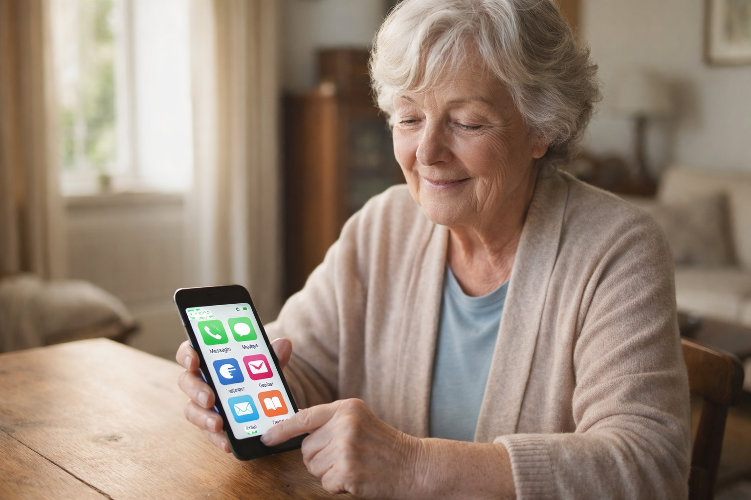 Persona anziana usa smartphone per anziani facili da usare con icone grandi