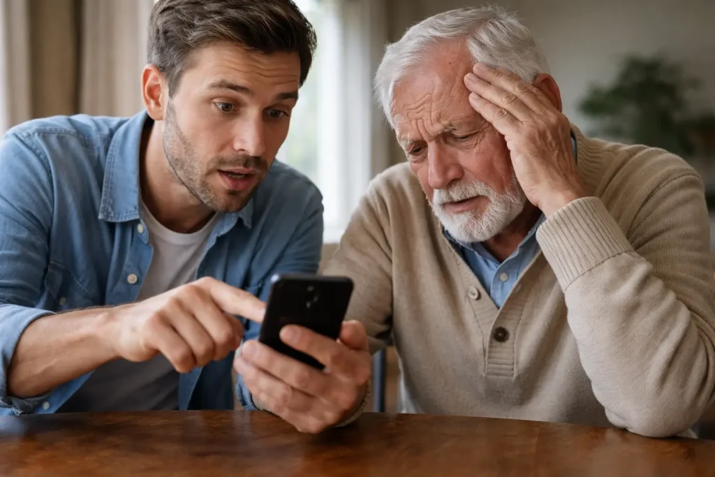 problemi degli anziani con gli smartphone mentre qualcuno spiega velocemente