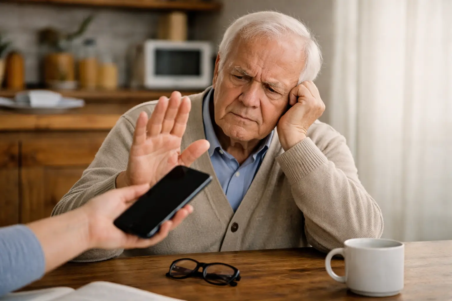 Mio padre rifiuta lo smartphone mentre è seduto al tavolo con espressione confusa