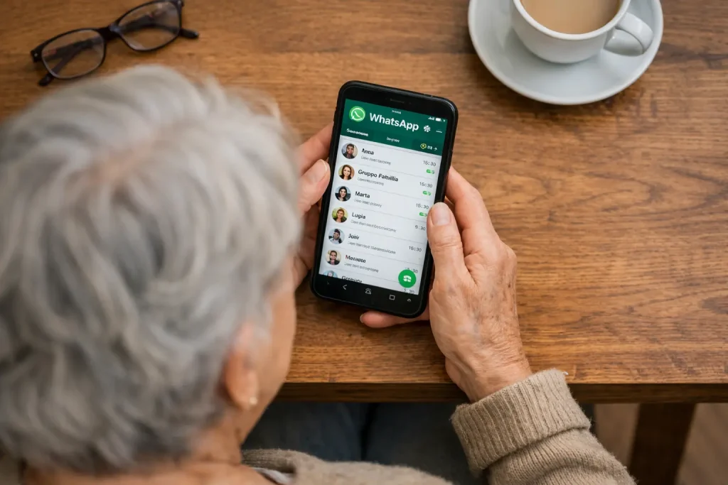 non riesci a installare WhatsApp anziana con telefono in mano vista dall’alto