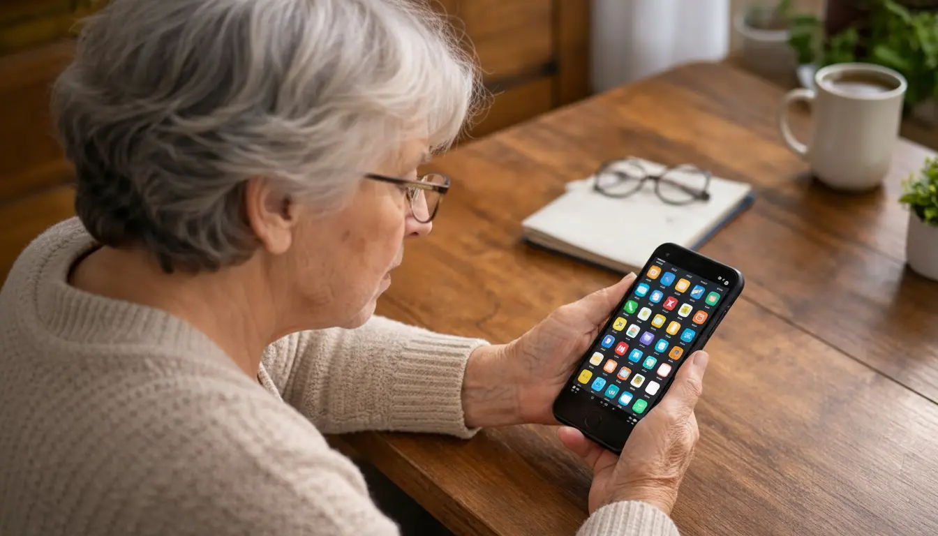 Donna anziana guarda uno smartphone pieno di icone colorate seduta al tavolo di casa