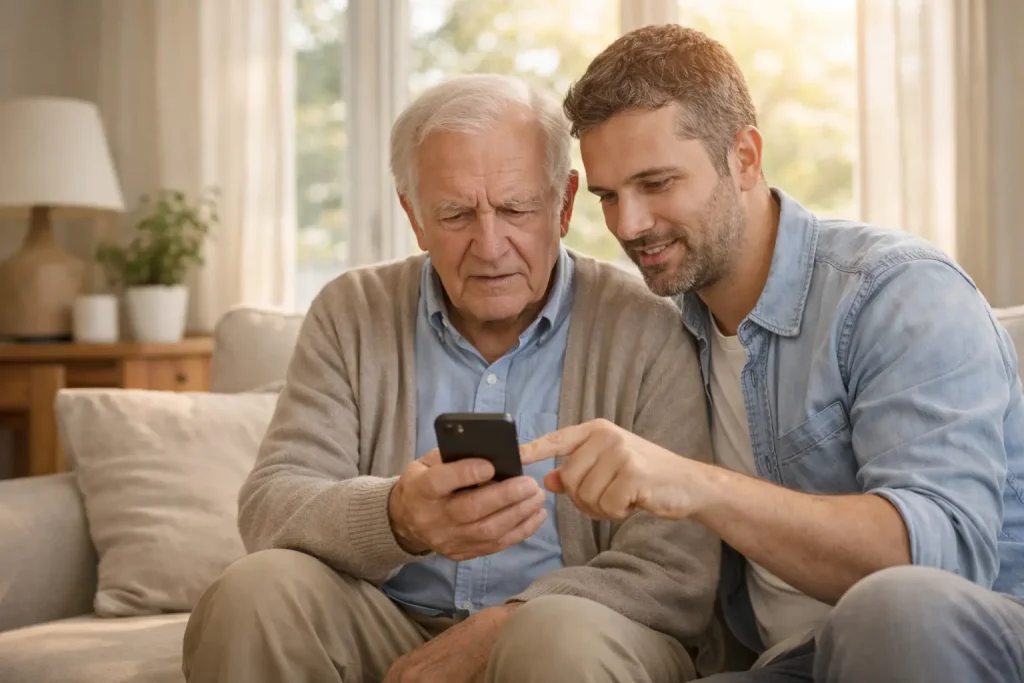 figlio che insegna a usare uno smartphone semplice per anziani