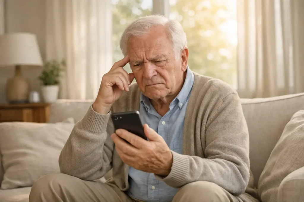anziano confuso mentre usa uno smartphone semplice per anziani