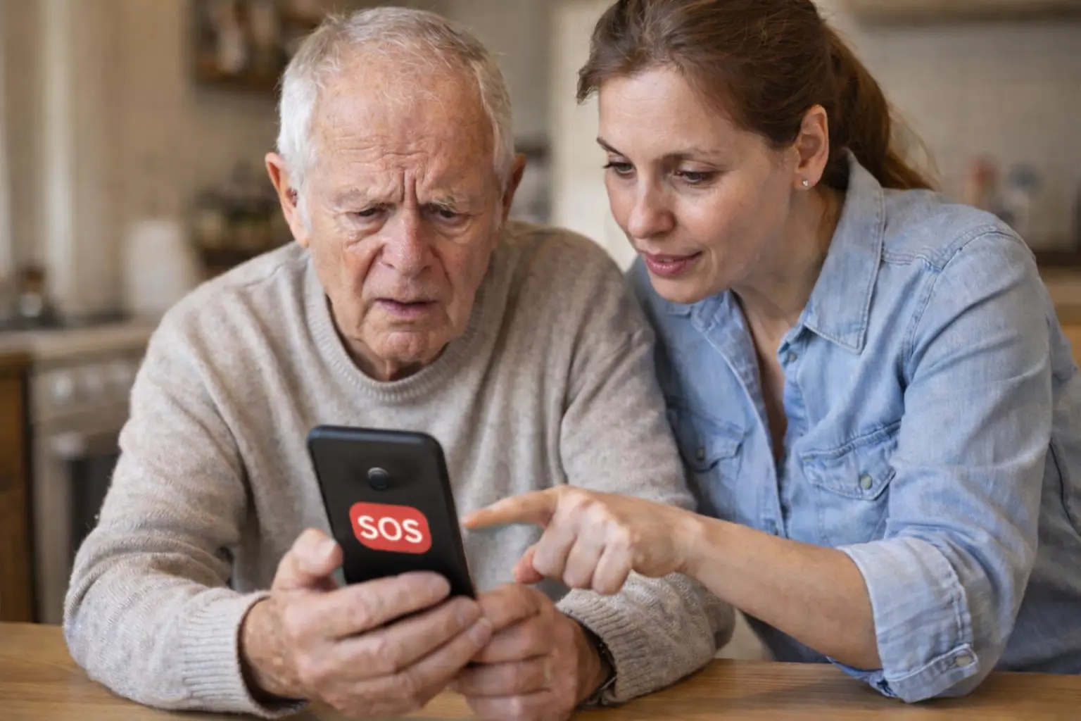 telefono troppo complicato per anziani mentre un familiare spiega come usare lo smartphone
