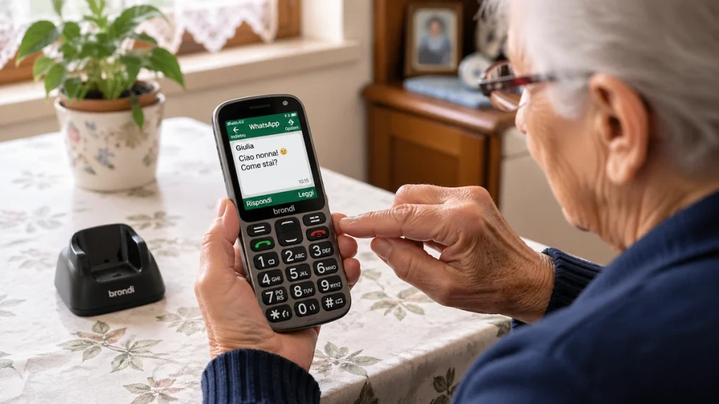 Persona anziana che usa uno dei migliori telefoni con tasti grandi e WhatsApp per anziani