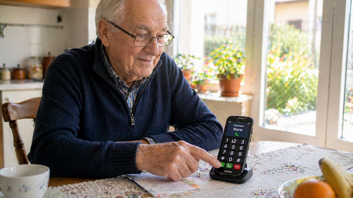 Telefono per anziani con volume alto e tasti grandi usato da un anziano seduto al tavolo della cucina
