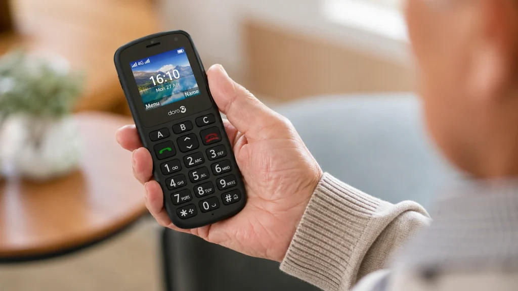 telefono con tasti grandi o smartphone semplice per anziani con modello Doro in mano