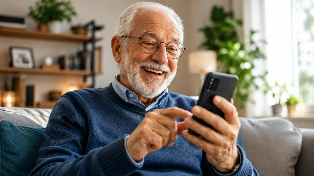 anziano che usa uno smartphone semplice in casa