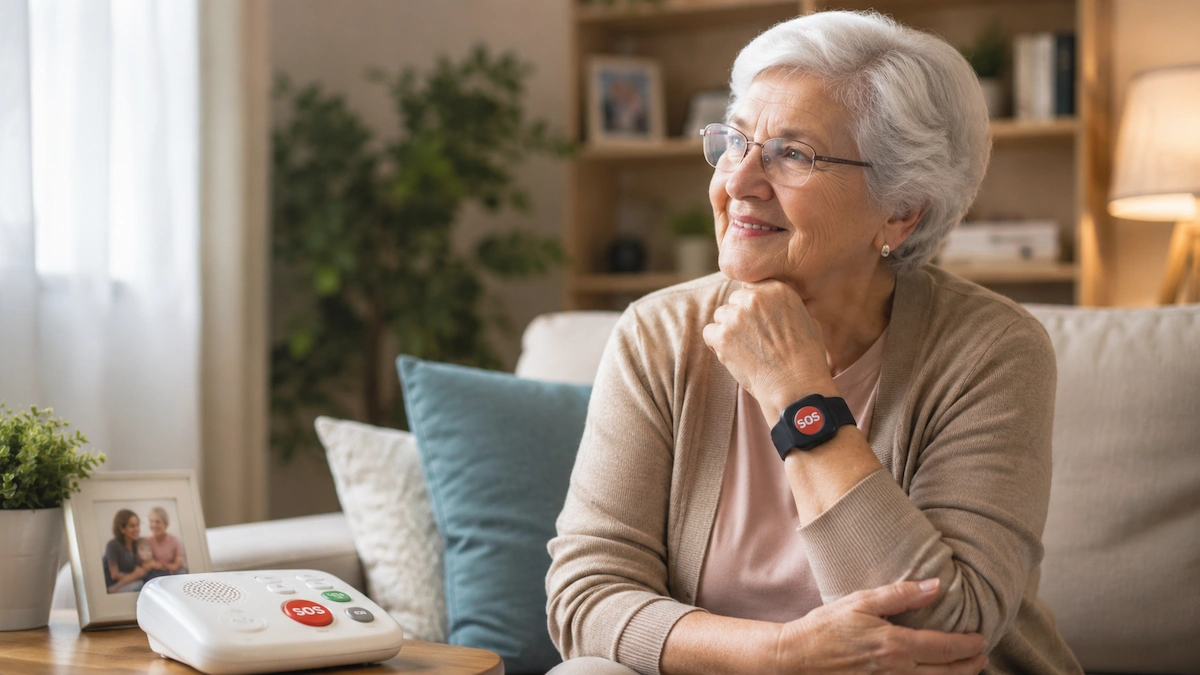 anziana con bracciale SOS in casa - migliori dispositivi SOS per anziani da usare in casa