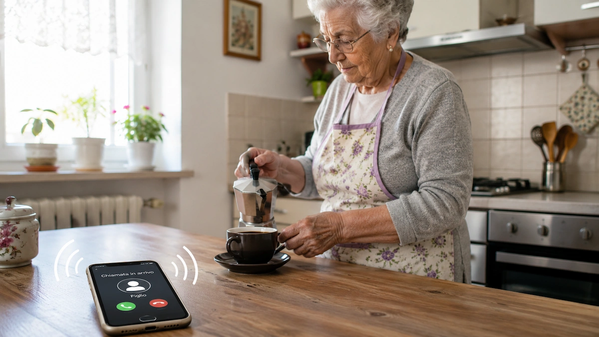 Donna anziana che prepara il caffè mentre non sente il telefono squillare – migliori telefoni per anziani con volume alto