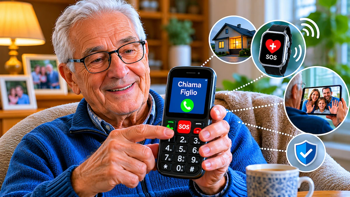 sicurezza di un anziano che vive da solo con telefono semplice