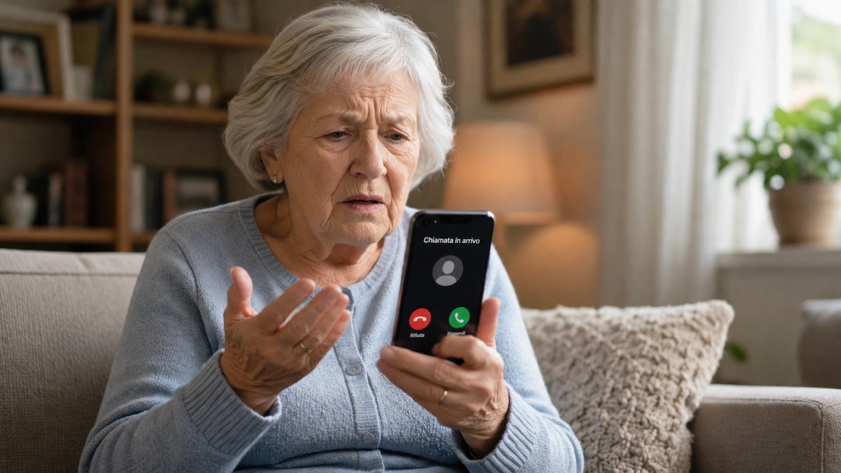 Anziana confusa mentre guarda lo smartphone, esempio di situazione in cui molti anziani dimenticano come usare il telefono