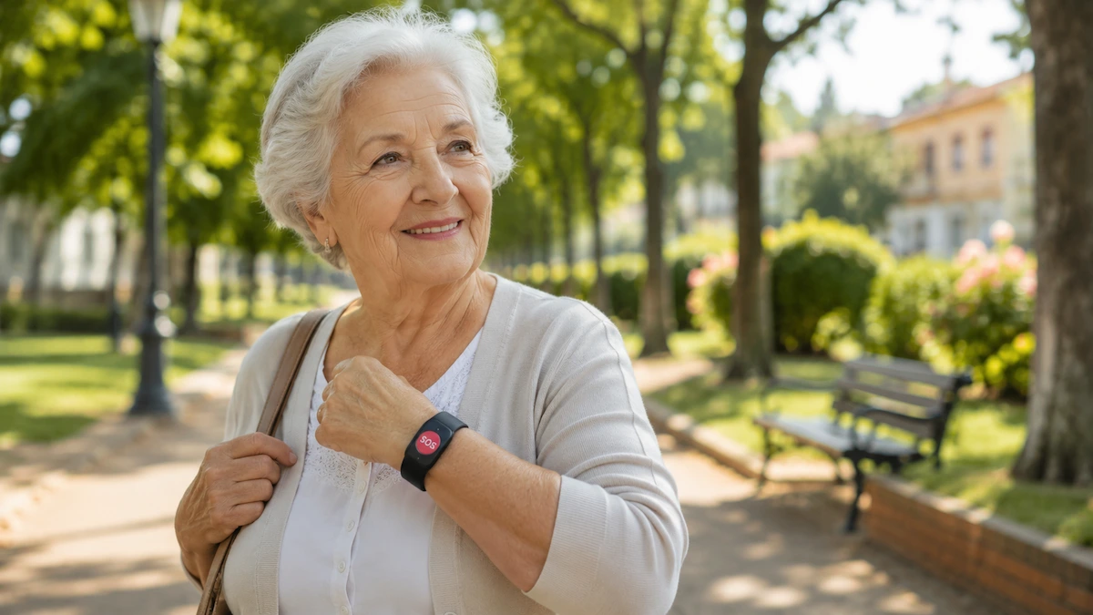 anziana che indossa un bracciale SOS tra i migliori dispositivi per anziani con problemi di memoria
