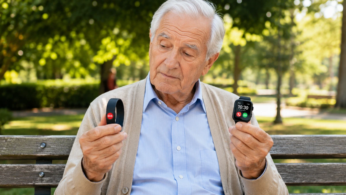 Anziano confronta un GPS SOS o smartwatch SOS per capire quale scegliere per la propria sicurezza