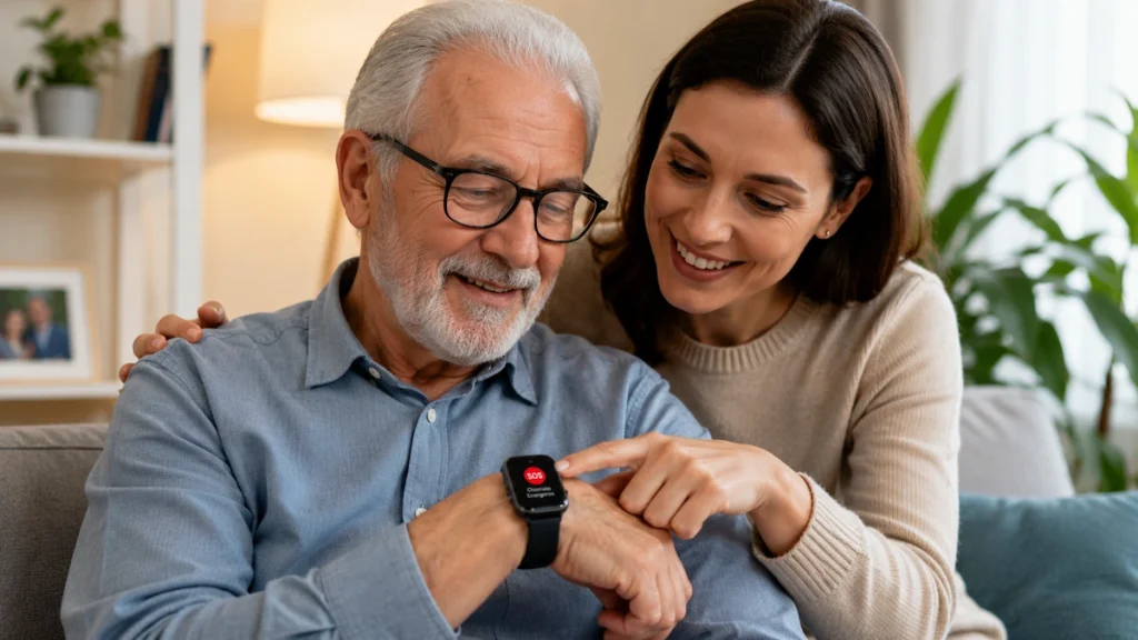 Figlia che aiuta il padre a utilizzare uno dei migliori smartwatch semplici per anziani con funzioni SOS e chiamate