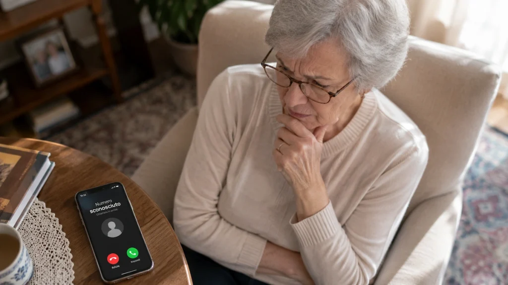 Le truffe telefoniche più comuni contro gli anziani: donna anziana osserva una chiamata da un numero sconosciuto sul telefono.